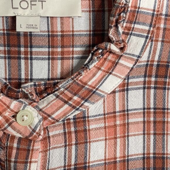 Loft Button Up Shirt Women L Ruffle Buttons & Hi Neck Orange Plaid Long Sleeve - Picture 8 of 16